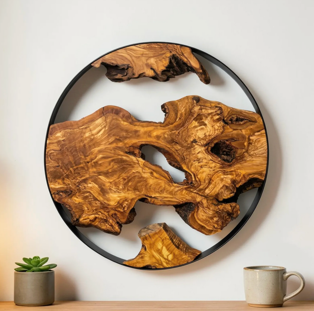 Handmade Olive Wood Wall Art with Metal Frame – Round Rustic Modern Wall Decor