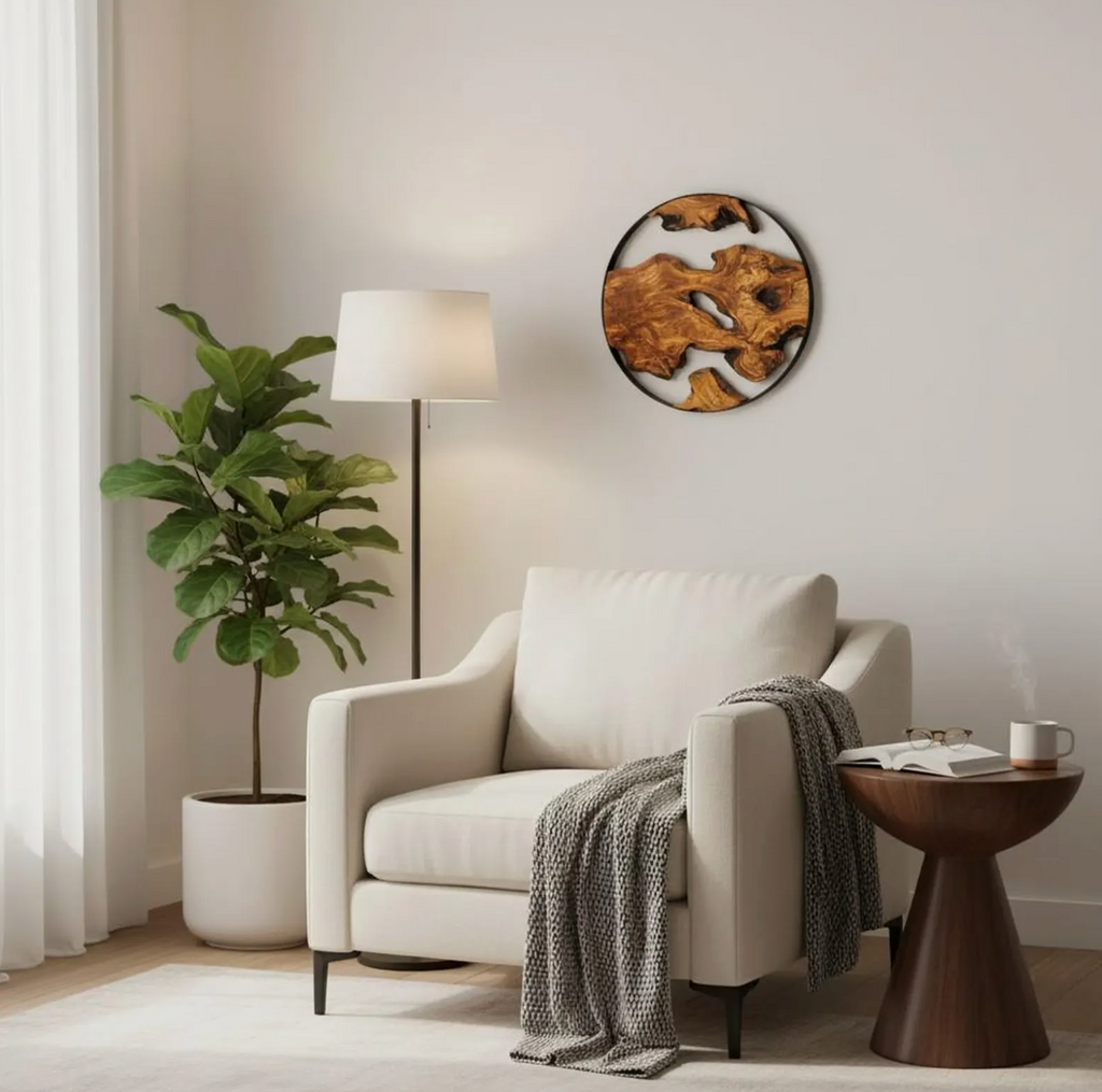 Handmade Olive Wood Wall Art with Metal Frame – Round Rustic Modern Wall Decor