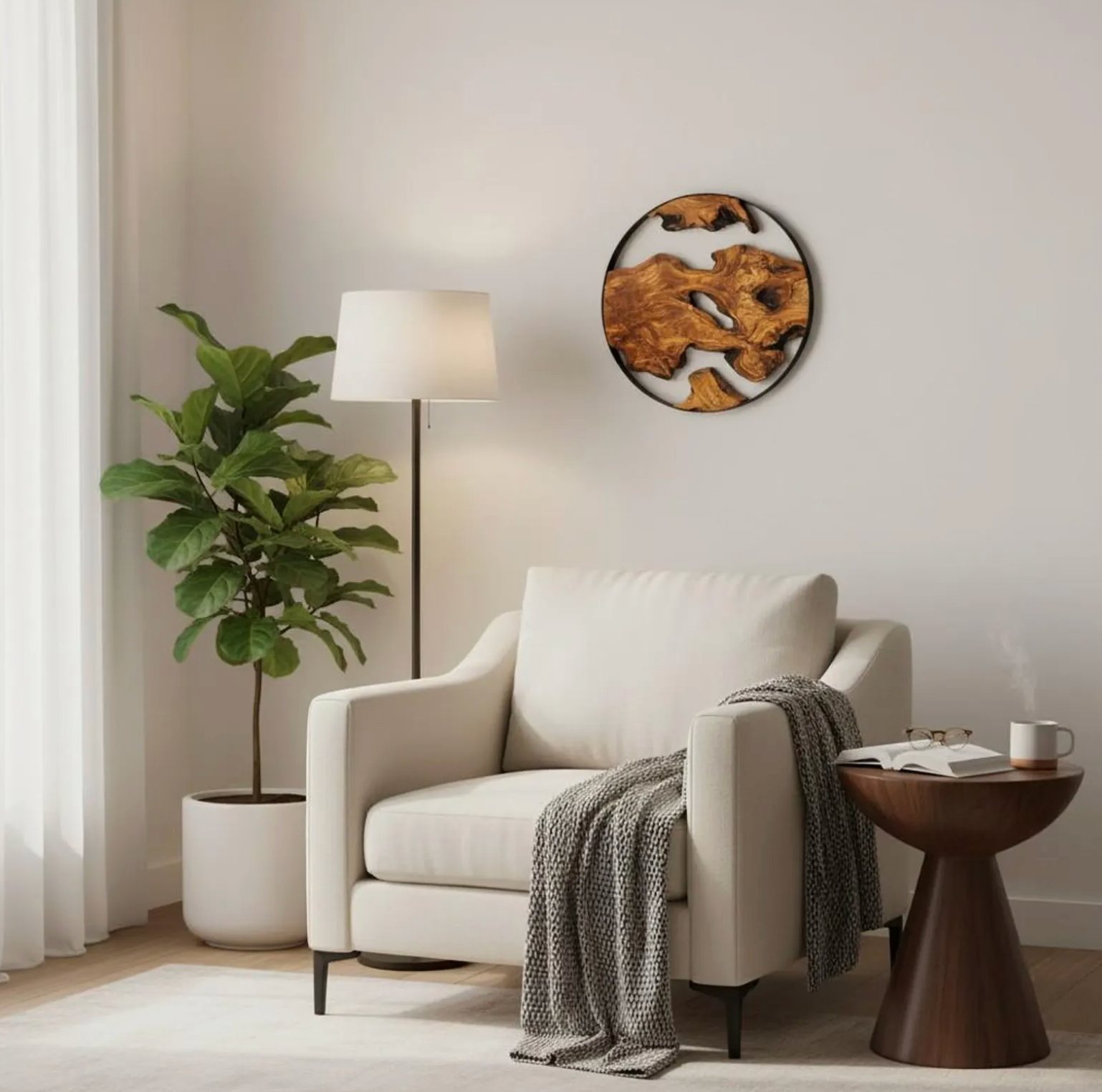 Handmade Olive Wood Wall Art with Metal Frame – Round Rustic Modern Wall Decor