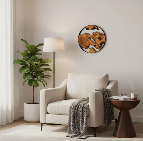 Handmade Olive Wood Wall Art with Metal Frame – Round Rustic Modern Wall Decor