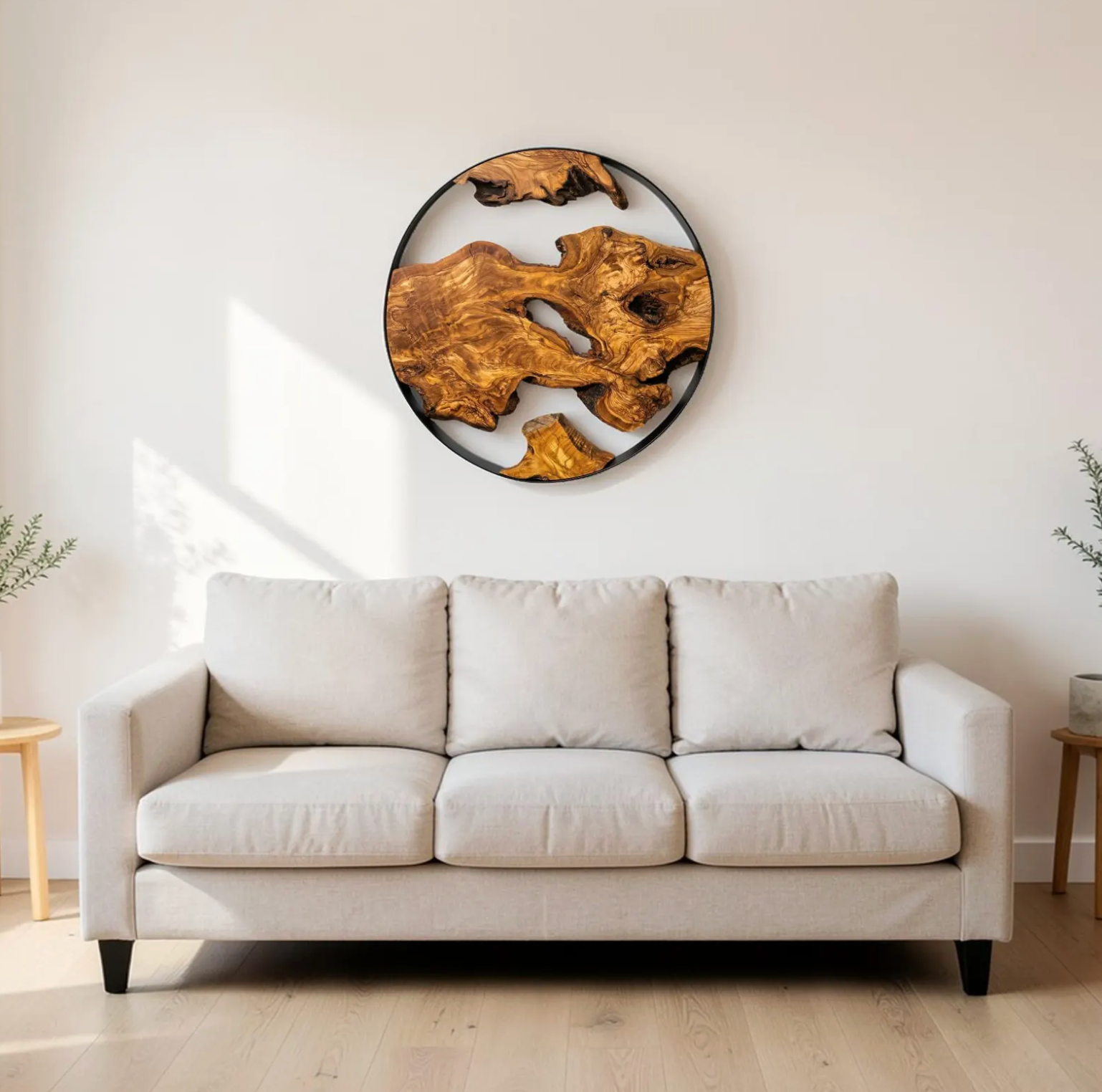 Handmade Olive Wood Wall Art with Metal Frame – Round Rustic Modern Wall Decor