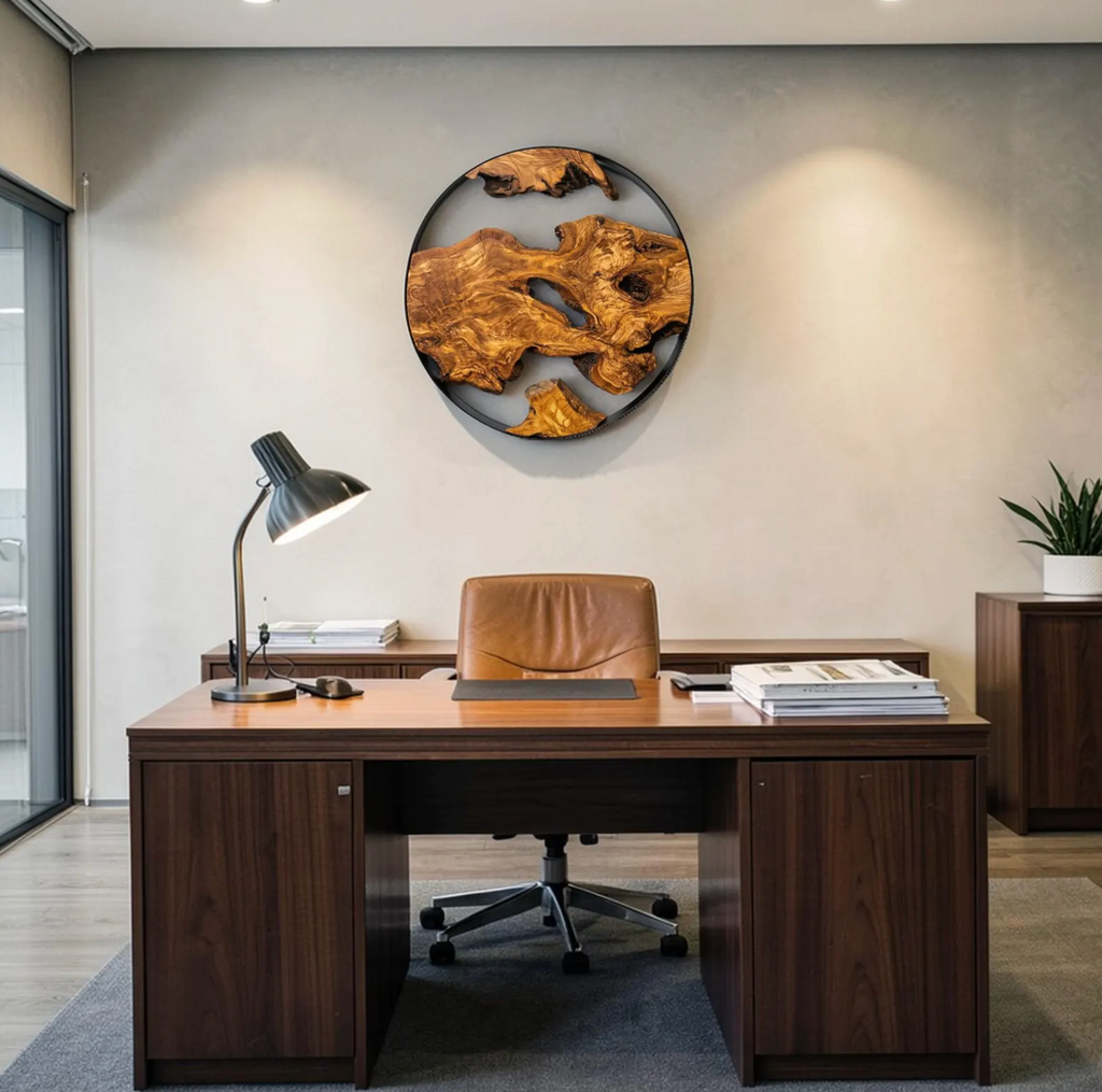 Handmade Olive Wood Wall Art with Metal Frame – Round Rustic Modern Wall Decor