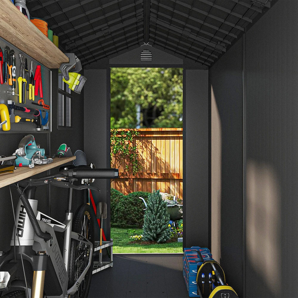 Pro Grade 8ft x 12ft Premium Plastic Double Door Garden Shed - Grey Wood Touch Texture
